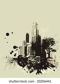 Cityscape background with grunge elements, vector illustration.