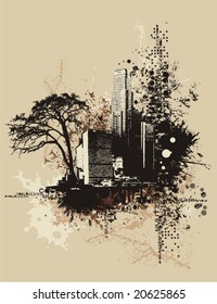 Cityscape background with grunge elements, vector illustration.