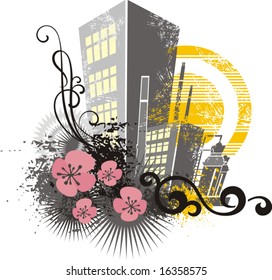 Cityscape background with grunge and floral details, vector illustration series.