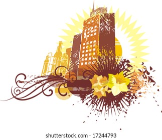 Cityscape background with grunge and floral details, vector illustration series.
