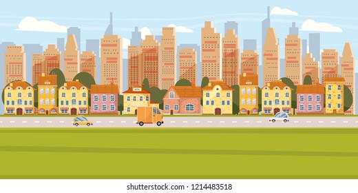 Cityscape Background Modern City Panorama With Road Suburban Downtown Over Skyscrapers Skyline Silhouette Cartoon Vector Illustration