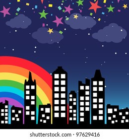 Cityscape background with rainbow
