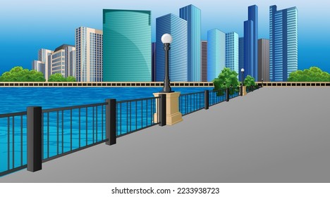 Cityscape Background Scene with Riverside. Vector Illustration