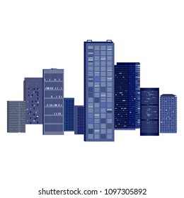 Cityscape Background with Skyscrapers in Business District. Trendy Flat Design in Blue Color. Vector Illustration