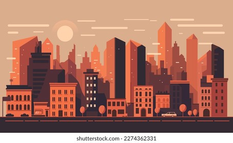 Fondo del paisaje urbano. Siluetas de la ciudad al atardecer.  Estilo urbano mínimo geométrico plano. Ilustración del vector