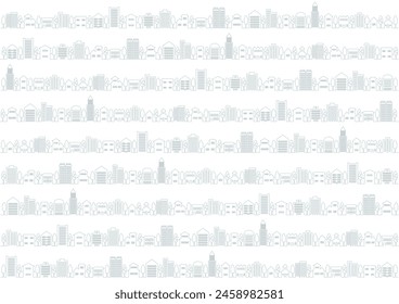 Cityscape background vector illustration. Patterns of buildings such as houses, buildings, and commercial facilities. Gray line drawing. White background.

