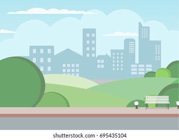 Cityscape of a big metropolis. Calm street. Flat picture of the city. Park, green trees in the city. Urban background. Background with houses. Cozy property. Alley for walks in the park