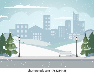 Cityscape of a big metropolis. Calm street. Flat picture of the city. Winter Park, green trees in the city. Urban background. Background with houses. Cozy property. Snowy Alley for walks in the park
