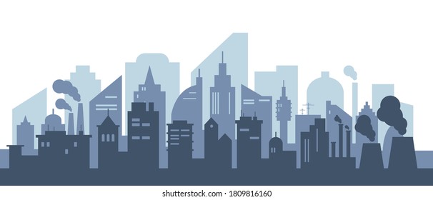 Cityscape with big modern buildings.  Silhouette of modern city with skyscrapers, factories and plants. Pollurion of cities concept. Urban landscape vector illustration.