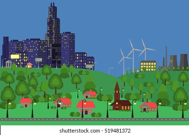 Cityscape with big and small houses. Blue sky, power plant, gardens and trees. Countryside near city. City landscape in bright colors. Flat vector stock illustration