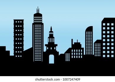 cityscape black architectural building icon. design silhouette flat style on blue background Illustration vector