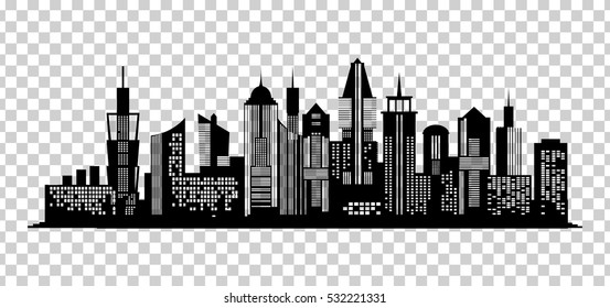 Cityscape black icon on transparent background. Skyline silhouette. Town architecture skyscrapers. Urban city landscape. Megapolis panorama. Vector new york building illustration