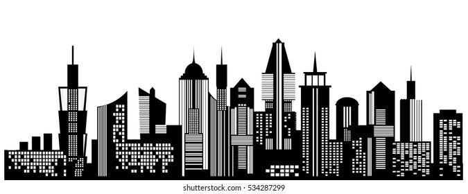 Cityscape black icon on white background. Skyline silhouette. Town architecture skyscrapers. Urban city landscape. Megapolis panorama. Vector new york building illustration