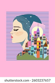 Cityscape Blending with Artistic Female Silhouette in Vibrant Abstract Design