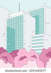 Cityscape in Bloom: An urban landscape showcases sleek, modern buildings framed by the delicate beauty of flowering trees, creating a serene blend of urban and natural elements.