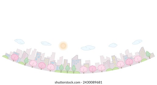 Cityscape with blooming cherry blossoms. Spring cityscape. Vector illustration of dot painting.