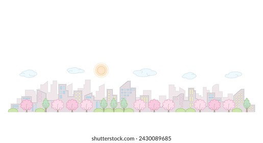 Cityscape with blooming cherry blossoms. Spring cityscape. Vector illustration of dot painting.