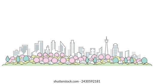 Cityscape with blooming cherry blossoms. Spring cityscape. Vector illustration of dot painting.