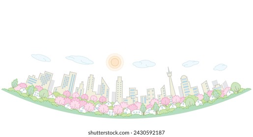 Cityscape with blooming cherry blossoms. Spring cityscape. Vector illustration of dot painting.