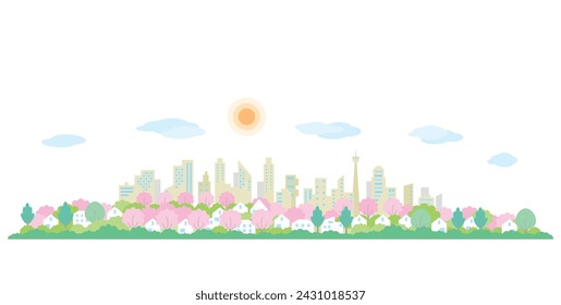 Cityscape with blooming cherry blossoms. Spring cityscape.