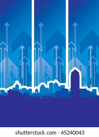 cityscape with blue arrow background
