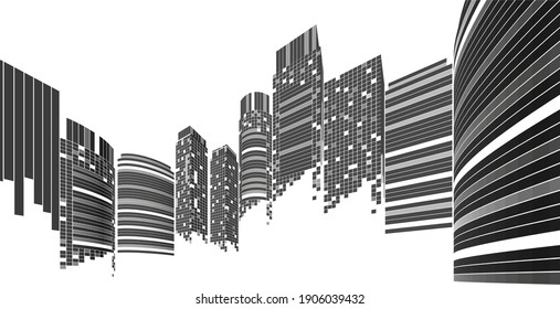 Patrón azul de Cityscape sobre fondo blanco, horizonte de Ciudad Moderna, silueta de ciudad, ilustración vectorial en diseño plano