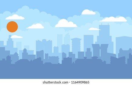 Cityscape With Blue Sky, White Clouds And Sun. Modern City Skyline Flat Panoramic Background. Flat And Solid Color Style Vector Illustration.