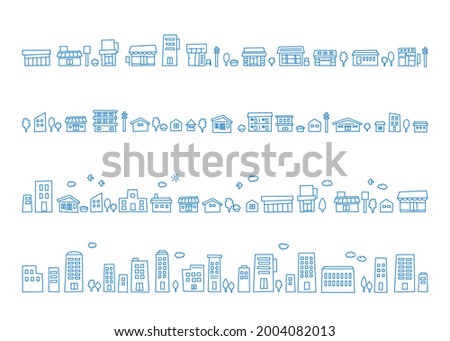 Cityscape, blue town. Cute line drawing illustration collection