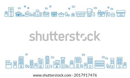 Cityscape, Blue Town. Cute line drawing illustration, background material (16: 9 ratio)