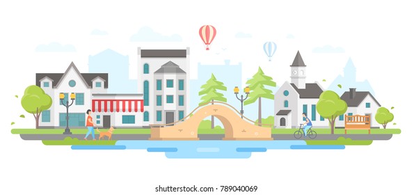 Cityscape with a bridge - modern flat design style vector illustration on white background. Nice housing complex with small buildings, trees, church, pond, lanterns, bench. Hot air balloons in the sky
