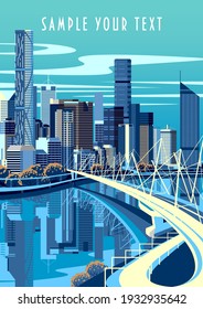 Cityscape with bridge, river and downtown in the background. Handmade drawing vector illustration. Pop art style poster.
