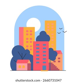 Cityscape with bright multi-story buildings and a full moon in the sky