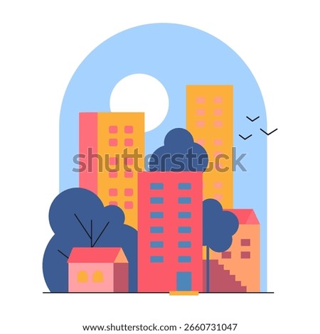 Cityscape with bright multi-story buildings and a full moon in the sky