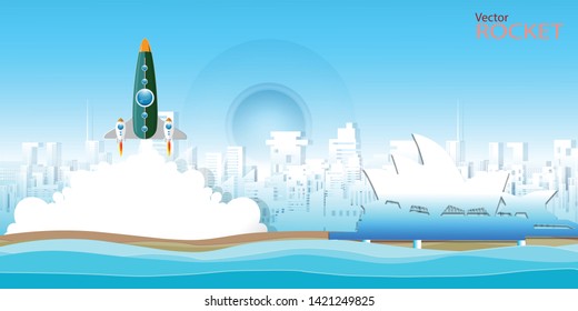 Cityscape with bright sky, clouds, and rockets starting. Concept of the launch of the business of the company. Modern illustrations in light and shadow form.