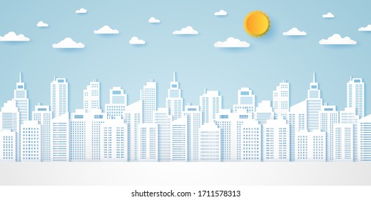 Cityscape, Building With Blue Sky And A Bright Sun, Paper Art Style