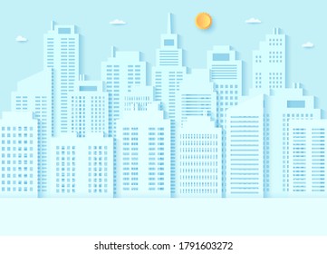 Cityscape, building with blue sky and a bright sun, paper art style