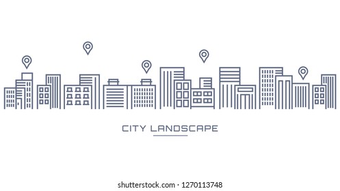 Cityscape Building Line art Vector Illustration design with pin location.