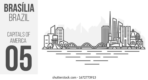 Cityscape Building Line art vector Diseño de ilustración - ciudad de Brasilia, Brasil. Paisaje con trazos editables.