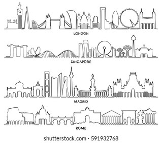 Cityscape Building Line art, Vector Illustration design (London, Singapore, Madrid, Rome)