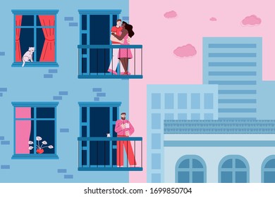 Paisaje urbano con edificios y gente en balcones, ilustración vectorial de caricaturas.