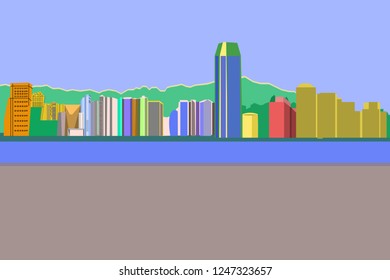 cityscape: building river and mountain