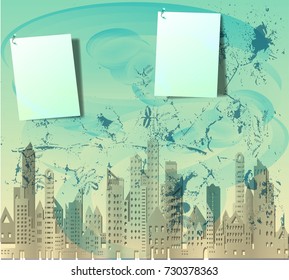 Cityscape of building and skyscraper in paper style on vintage green background with white paper and pushpin for image or text,vector illustration.