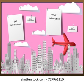 Cityscape of building and skyscraper with plane and clouds in paper style on pink billboard with white paper and pushpin for image or text,vector illustration.