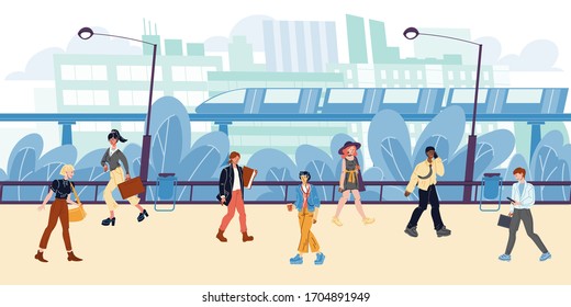 Cityscape, buildings, apartment houses, train, metro, trees, street lamps, walking people. Men, women hurry up to work, speak by phone, going, running. Vector flat illustration. Metropolis, megapolis.