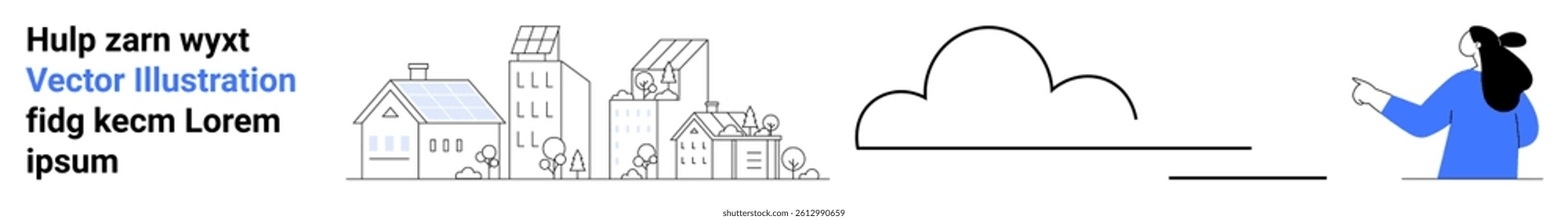 Cityscape with buildings, cloud computing symbol, and person in blue sweater holding a tablet. Ideal for technology, real estate, urban planning, digital marketing, education, sustainability, smart