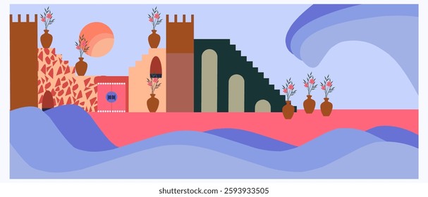 Cityscape buildings in the commercial and financial center and luxury condominiums in the city center. Handmade drawing vector illustration. Pop art style poster.