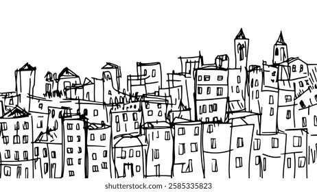 Cityscape buildings drawing illustration. Architecture details houses roofs windows. Suitable travel blog urban exploration architecture tourism. Line art monochrome sketch white background