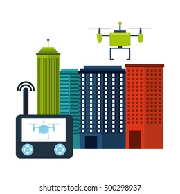 cityscape buildings with drones flying vector illustration design