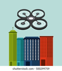 cityscape buildings with drones flying vector illustration design