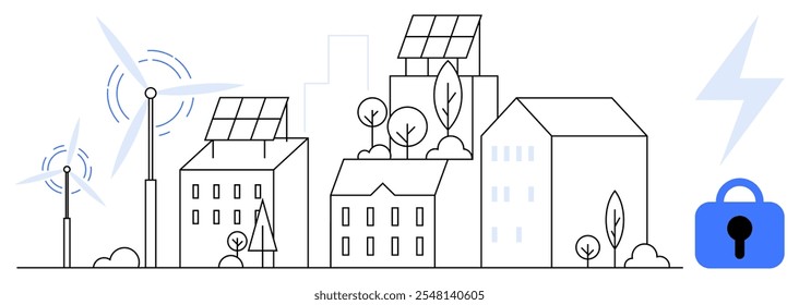 Paisagem urbana com edifícios com painéis solares e turbinas eólicas. O símbolo de cadeado azul indica segurança. Ideal para cidades inteligentes, energia renovável, sustentabilidade, tecnologia verde e segurança urbana